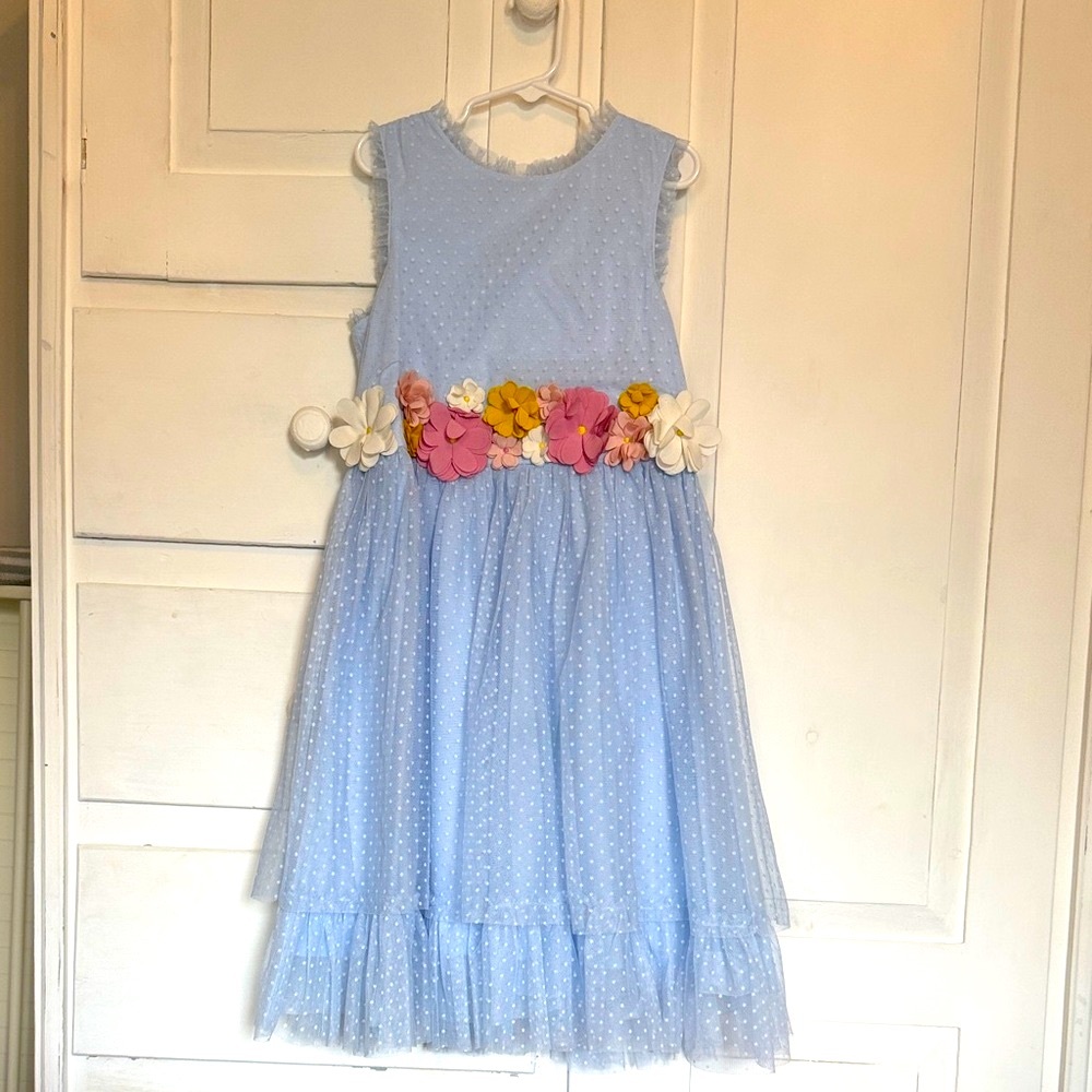 Charming Swiss Blue Dot Mini Boden Dress with Floral Appliques